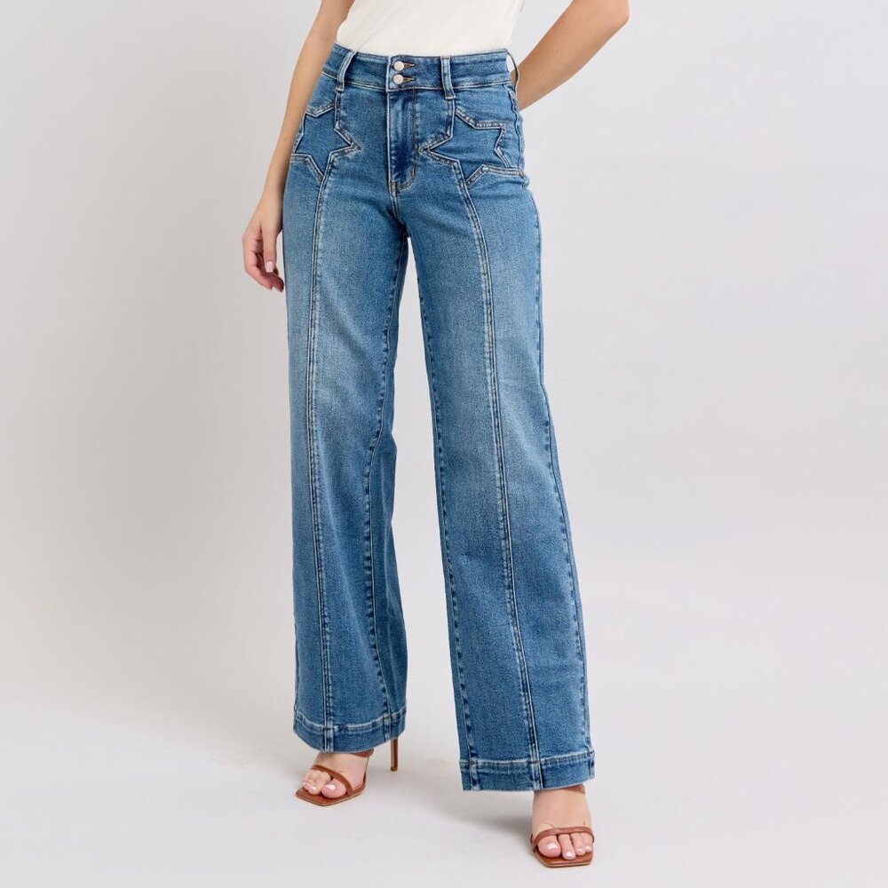 SUPERSTAR Double Button High Rise Star Wide Leg Jeans - Judy Blue - run small